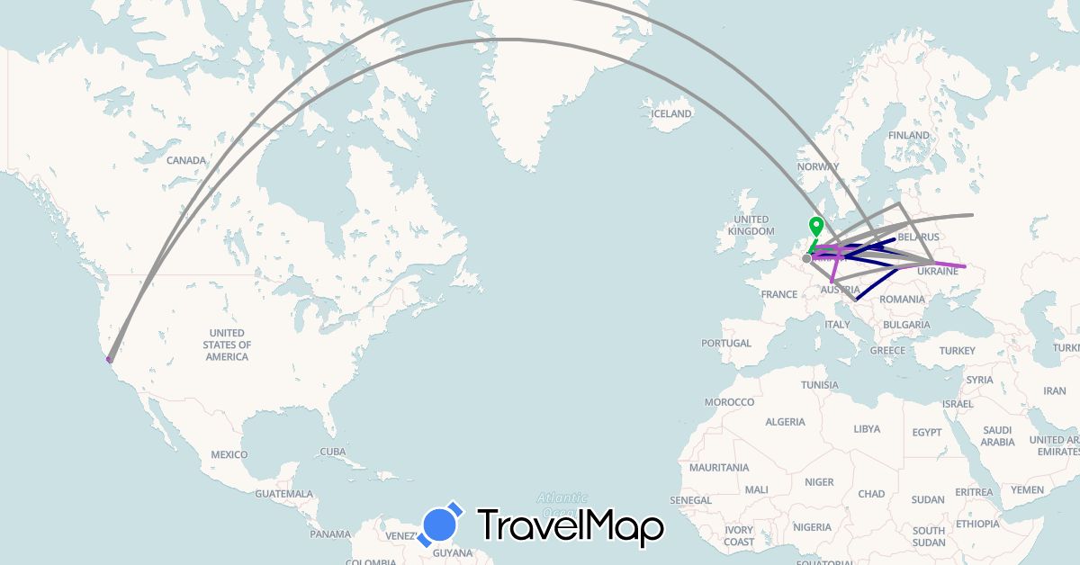 TravelMap itinerary: driving, bus, plane, train in Germany, Croatia, Hungary, Lithuania, Latvia, Poland, Russia, Ukraine, United States (Europe, North America)